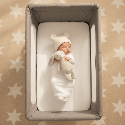 cododo lit et Bébé dort avec ourson ambiance soir vue top