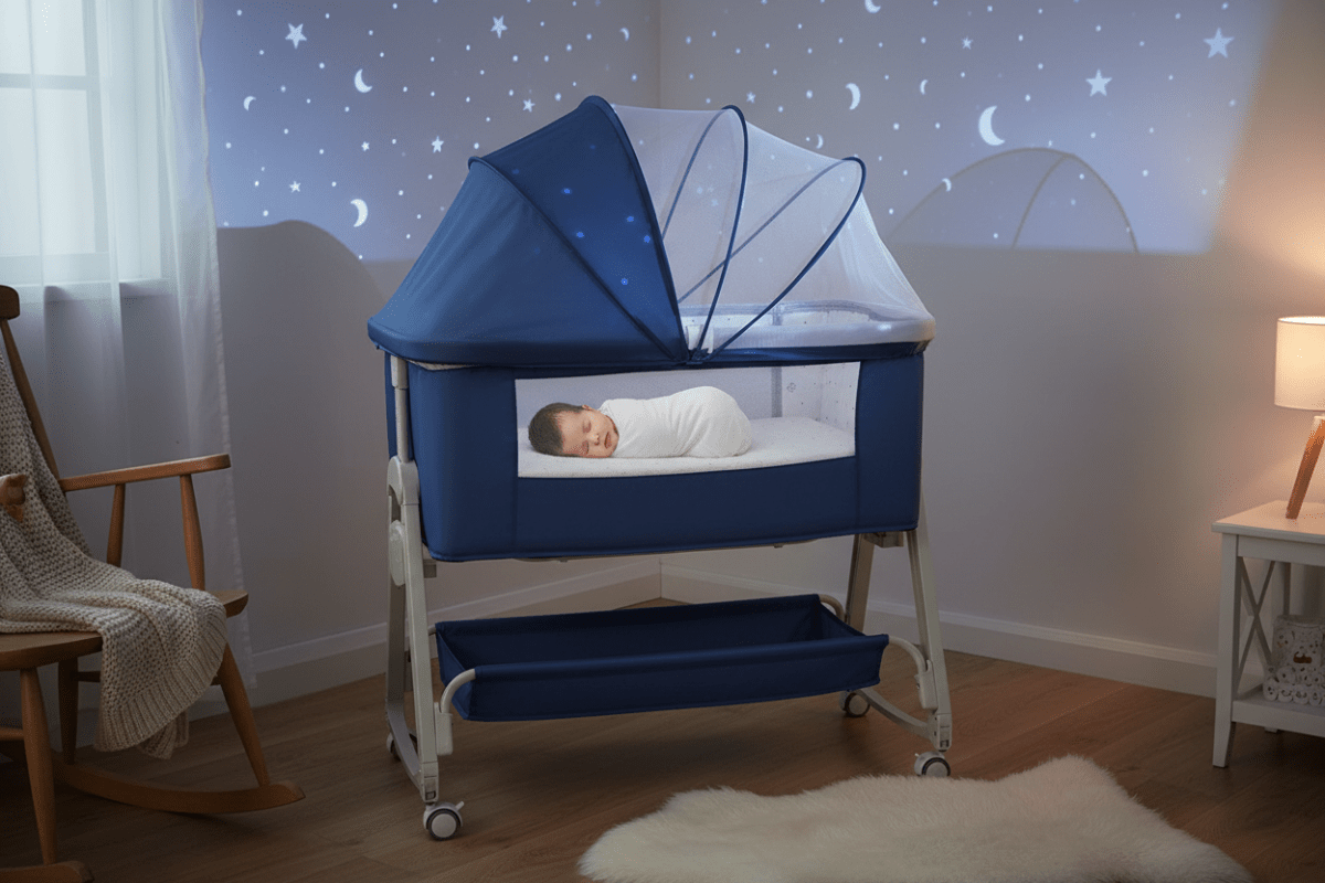 berceau 4 en 1 et Bébé dort dans berceau bleu ambiance nuit étoilée