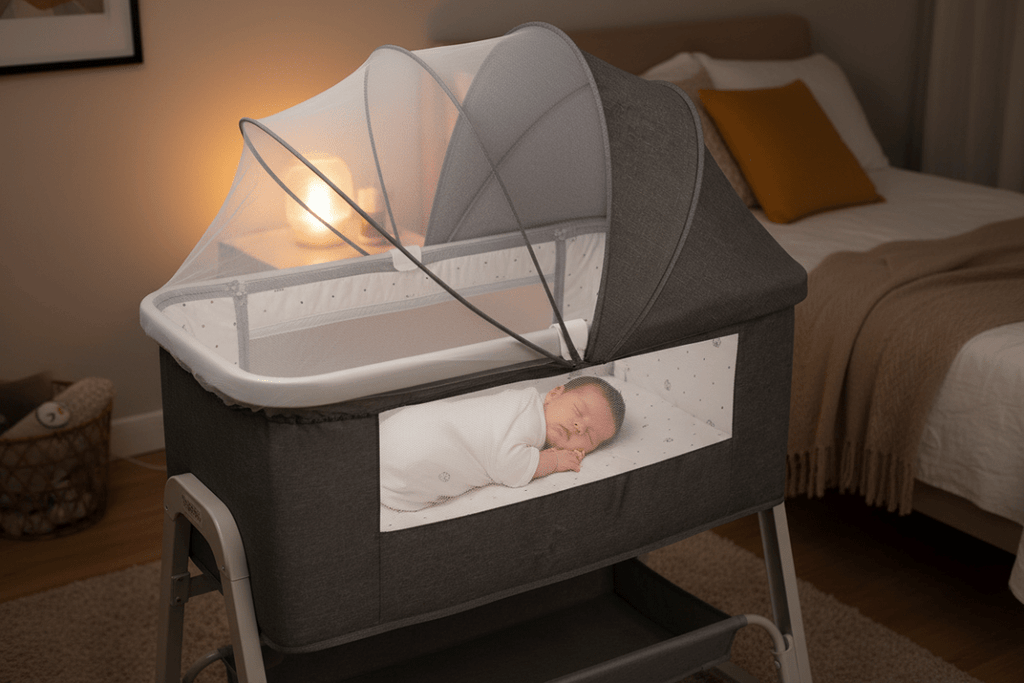 berceau 4 en 1 et Bébé dort dans berceau gris foncé ambiance dodo