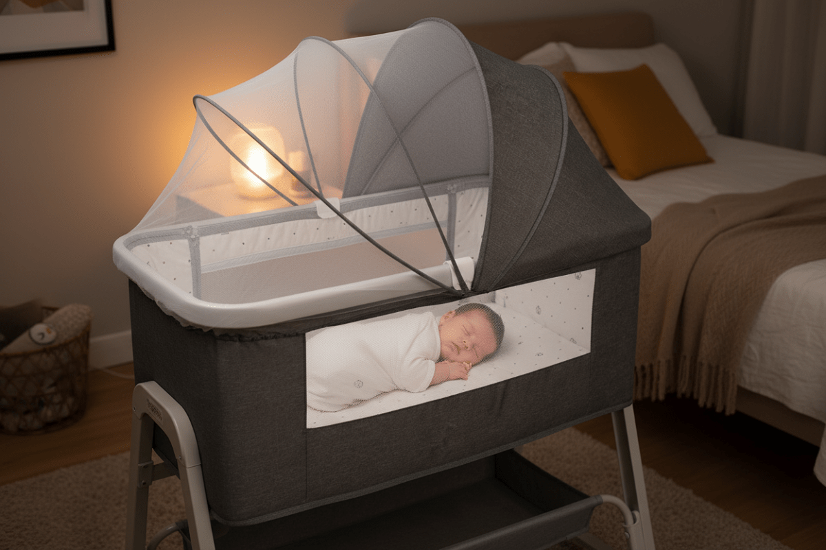 berceau 4 en 1 et Bébé dort dans berceau gris foncé ambiance dodo