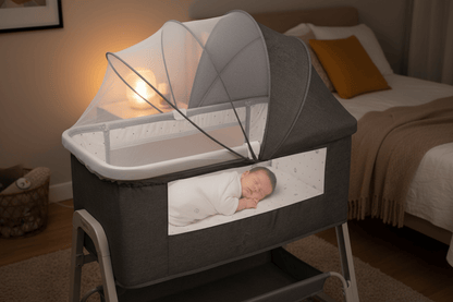 berceau 4 en 1 et Bébé dort dans berceau gris foncé ambiance dodo
