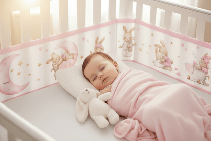 tour de lit respirant Bébé dort - lapin rose - doudou couverture