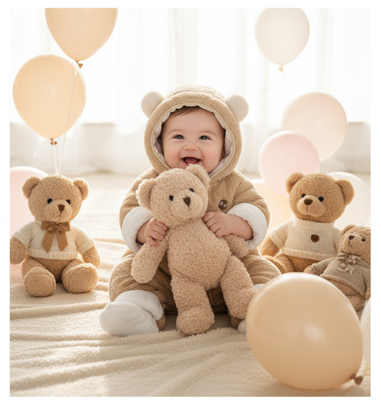 combinaison bebe ourson
Bébé en combinaison beige câlinant ourson avec ballons
