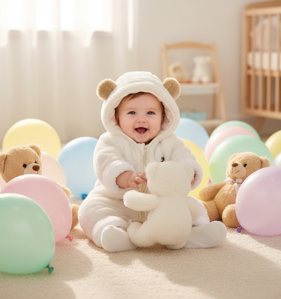 combinaison bebe ourson
Bébé en combinaison blanche avec ballons et oursons