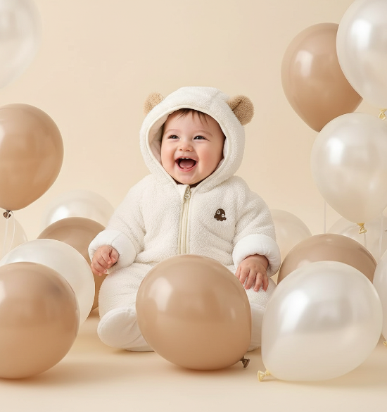combinaison bebe ourson
Bébé en combinaison blanche avec ballons neutres