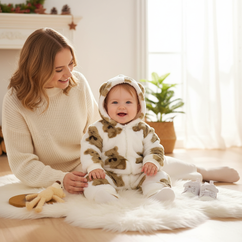combinaison bebe ours  Bébé en combinaison ourson avec maman