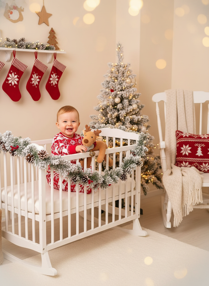 Bébé en pyjama de Noël dans chambre décorée