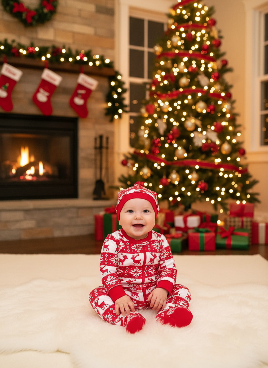 Bébé en pyjama de Noël dans salon festif