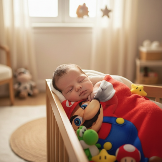 couverture Bébé endormi avec couverture Mario, oreiller et doudous