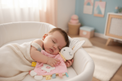  Doudou Compagnie Lapin - Peluche Douce MulticoloreBébé endormi avec doudou lapin rose