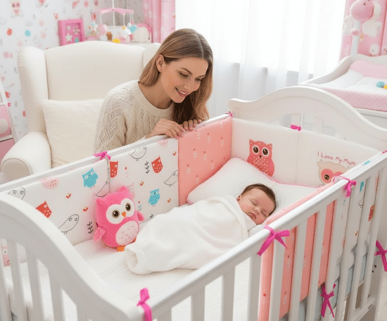 contour lit de bebe Bébé endormi avec maman, oreiller et toutou - literie hiboux rose