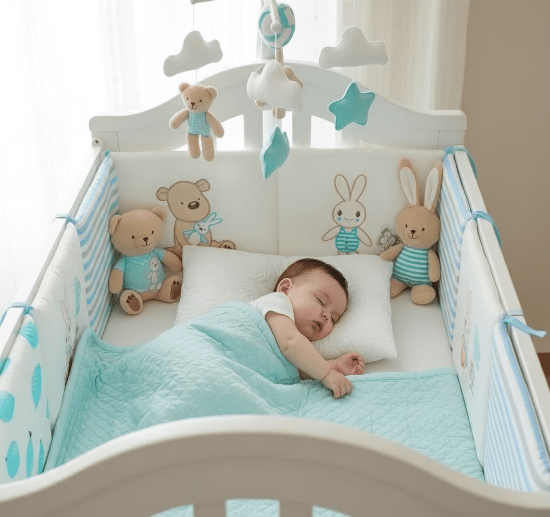 contour lit de bebe Bébé endormi avec oreiller, couverture et mobile - literie ourson et lapin turquoise