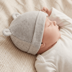 Bébé endormi couverture crème bonnet rayé gris