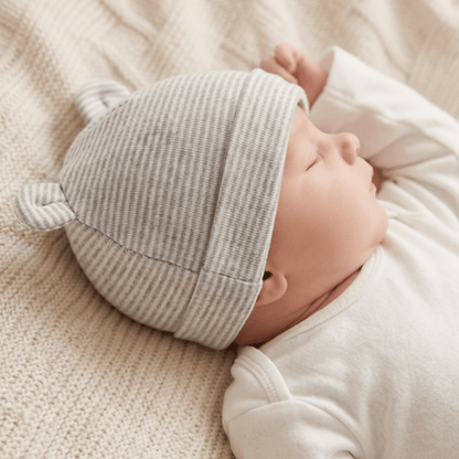 Bébé endormi couverture crème bonnet rayé gris