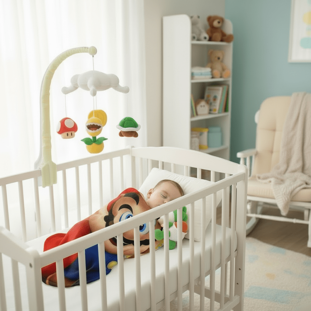 couverture Bébé et petit Bébé endormi dans la couchette avec couverture Mario