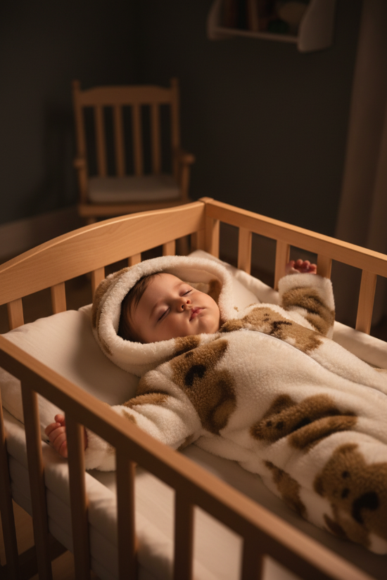 combinaison bebe ours capuche doudou et Bébé endormi dans lit en combinaison ourson