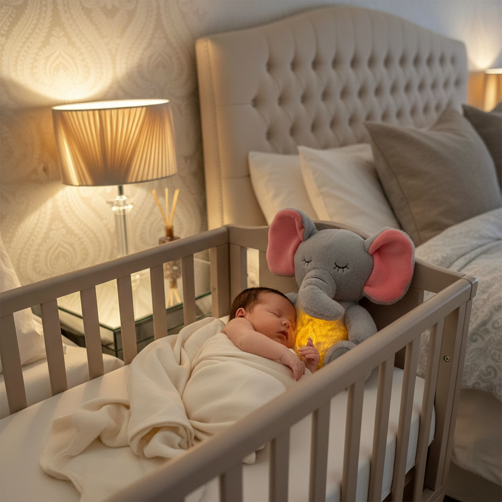 peluche bebe et Bébé endormi lit peluche éléphant lumineuse