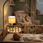 mobile en bois bebe avec Bébé endormi mobile lune lumière dorée