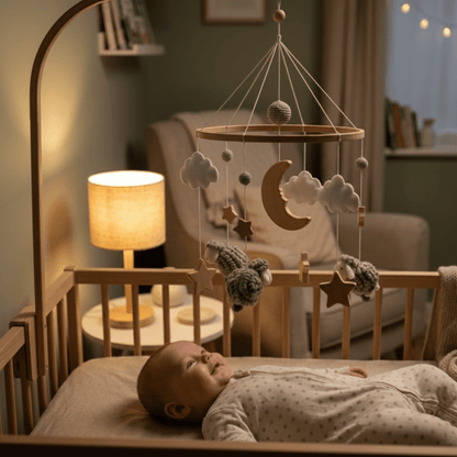 mobile en bois bebe avec Bébé endormi mobile lune lumière dorée