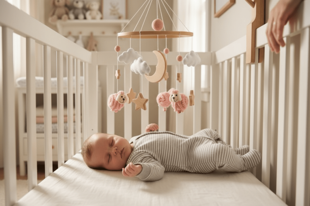 mobile bebe en bois petit Bébé endormi mobile ourson lune main maman