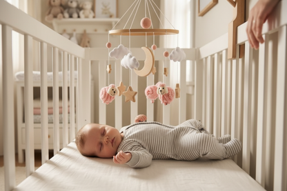 mobile bebe en bois petit Bébé endormi mobile ourson lune main maman