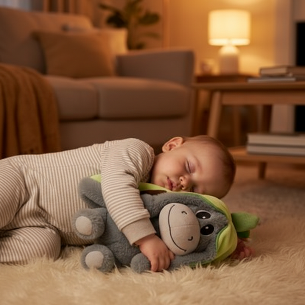 Peluche qui respire et Bébé endormi peluche âne verte