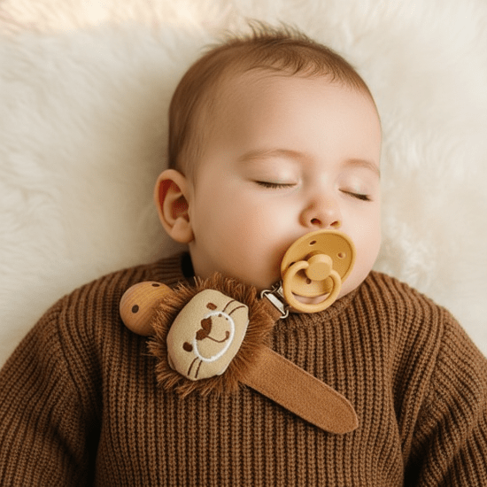 attache sucette pour bebe avec petit Bébé endormi pull marron attache lion