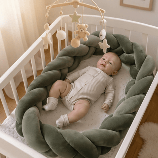 tresse de lit bébé
vBébé et mobile vert sauge