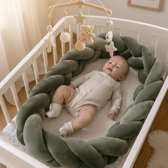 tresse de lit bébé
vBébé et mobile vert sauge
