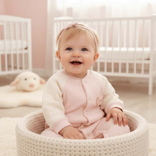 Barboteuse Bébé Coton Douceur Thermique - Bio
Bébé fille blonde avec bandeau assise - Barboteuse rose