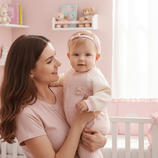 Barboteuse Bébé Coton Douceur Thermique - Bio
Bébé fille blonde avec bandeau et maman - Barboteuse rose