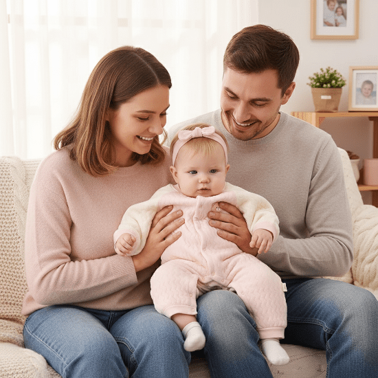 Barboteuse Bébé Coton Douceur Thermique - Bio
Bébé fille blonde avec bandeau, papa et maman - Barboteuse rose
