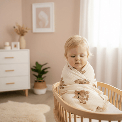 cocon d emmaillotage
et Bébé fille blonde emmaillotée couverture ourson