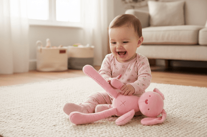 Bébé fille jouant lapin rose