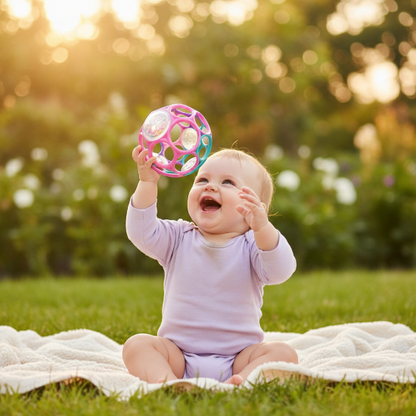 Balle Sensorielle Bébé bouche expression Bébé fille lavande jardin balle sensorielle rose rires