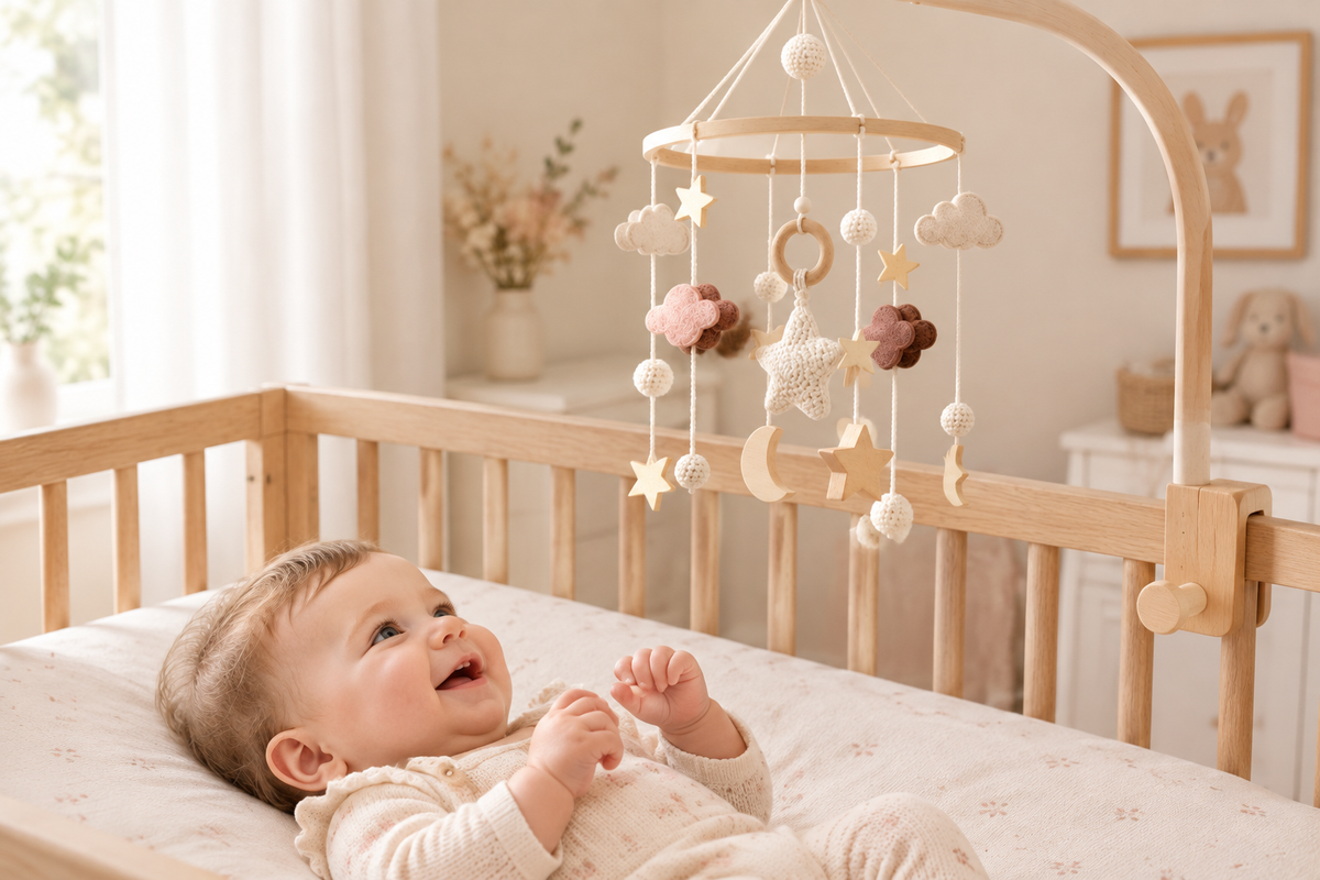 Bébé fille qui regarde son mobile dans une chambre douce