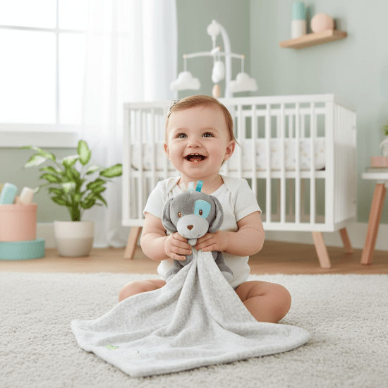Doudou Bébé Fille Lien d'Amour - Peluche Douce
Bébé fille souriante assise avec doudou chien