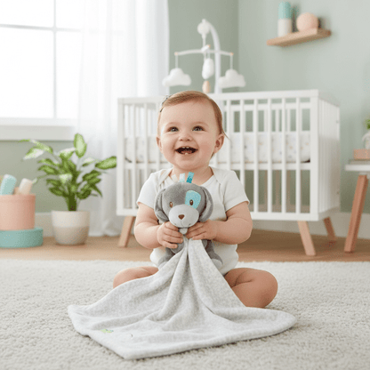 Doudou Bébé Fille Lien d'Amour - Peluche Douce
Bébé fille souriante assise avec doudou chien