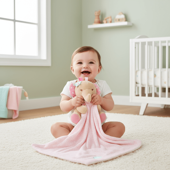 Doudou Bébé Fille Lien d'Amour - Peluche Douce
Bébé fille souriante assise avec doudou éléphant
