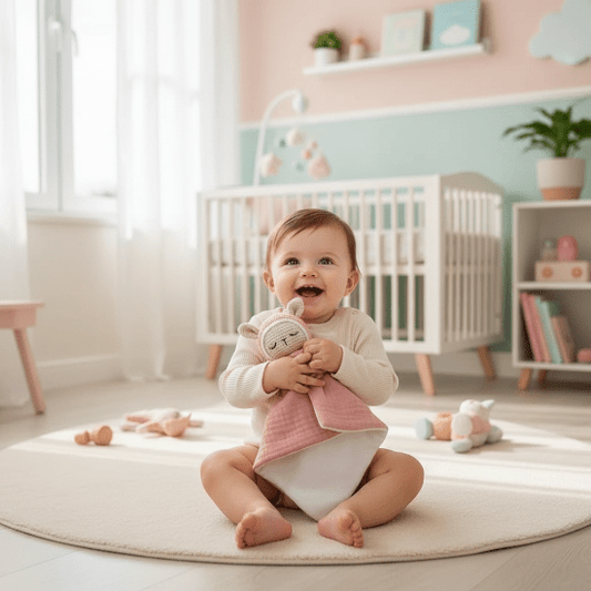 Doudou Bébé Fille Câlin Apaisant - Peluche Enveloppante
Bébé fille souriante avec doudou