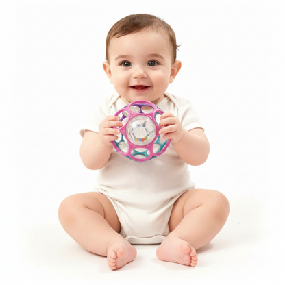 Balle Sensorielle Bébé petit Bébé fille sourit balle sensorielle rose violet fond blanc
