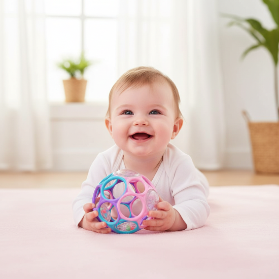 Balle Sensorielle Bébé petit Bébé fille ventre tapis rose balle sensorielle sourire
