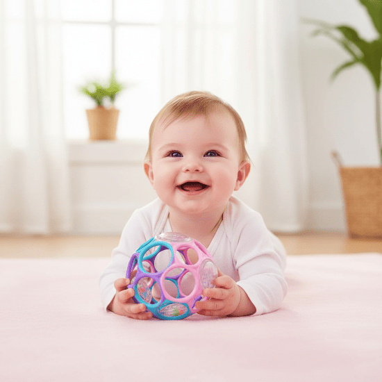 Balle Sensorielle Bébé petit Bébé fille ventre tapis rose balle sensorielle sourire