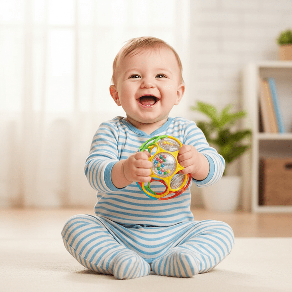 balle sensorielle bebe souple en couleur Bébé garçon assis écrase balle sensorielle arc-en-ciel