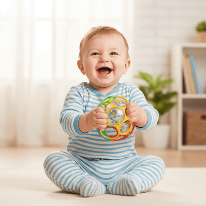 balle sensorielle bebe souple en couleur Bébé garçon assis écrase balle sensorielle arc-en-ciel