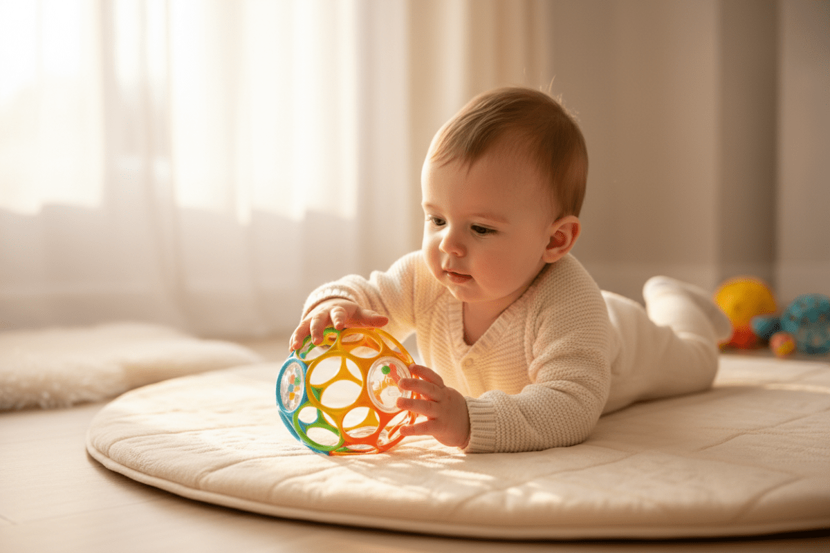 balle sensorielle bebe emerveille petit Bébé garçon ventre tapis explore balle sensorielle trous