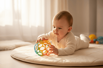 balle sensorielle bebe emerveille petit Bébé garçon ventre tapis explore balle sensorielle trous