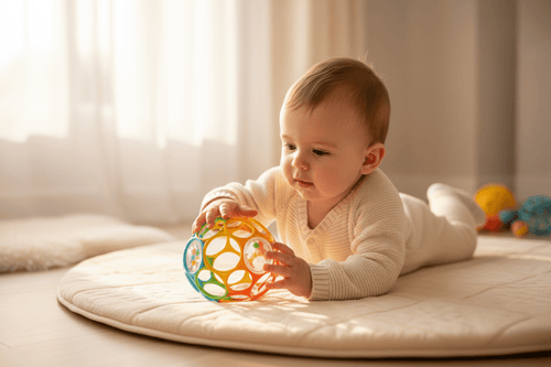 balle sensorielle bebe emerveille petit Bébé garçon ventre tapis explore balle sensorielle trous