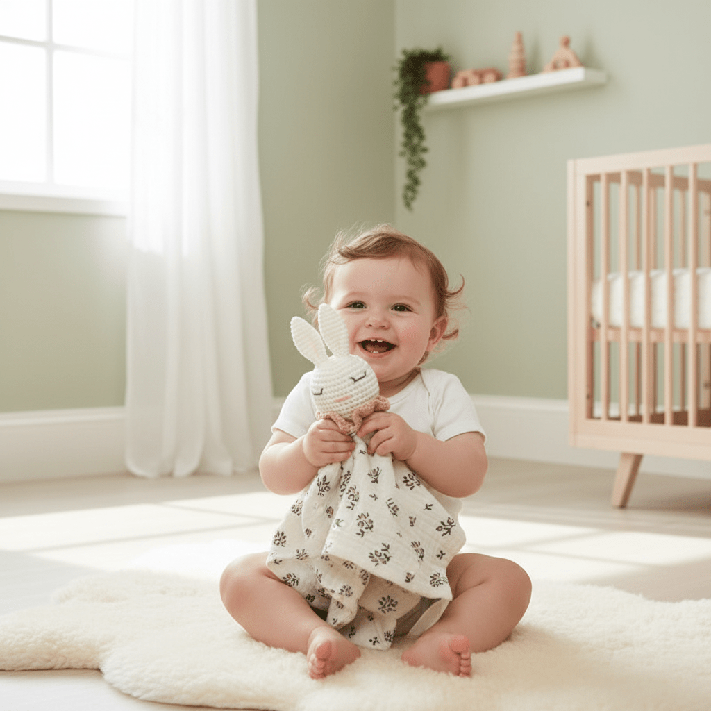 Bébé heureux avec doudou lapin fleuri