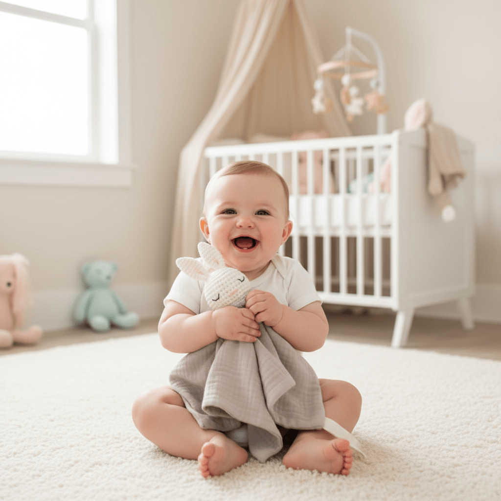Bébé heureux avec doudou lapin gris